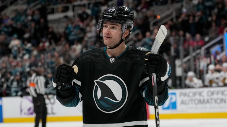 San Jose Sharks centre Thomas Bordeleau during an NHL hockey game against the Chicago Blackhawks in San Jose, Calif., Saturday, March 23, 2024. (Jeff Chiu/AP)