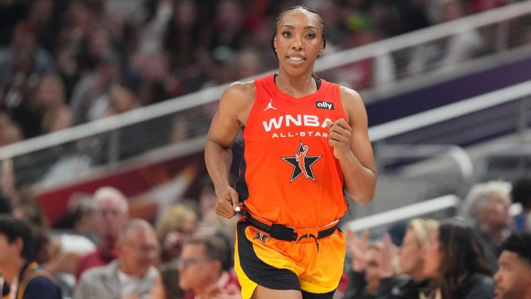 Golden State Valkyries' Kayla Thornton runs down the court during the second half of a WNBA All-Star basketball game against Team Collier, Saturday, July 19, 2025, in Indianapolis. (Michael Conroy/AP)