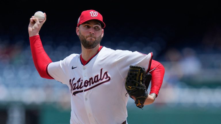 Washington Nationals starting pitcher Trevor Williams throws to the Colorado Rockies during the first inning of a baseball game at Nationals Park, Thursday, June 19, 2025, in Washington. (Jess Rapfogel/AP)
