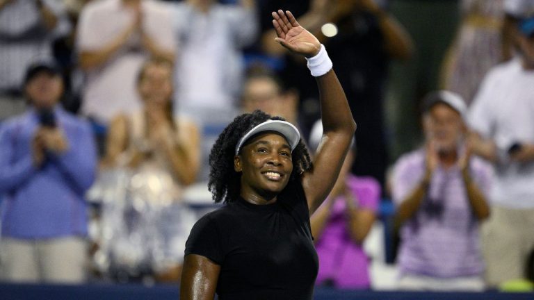 Venus Williams waves to the crowd after she lost to Magdalena Frech, of Poland, during a match at the Citi Open tennis tournament Thursday, July 24, 2025, in Washington. (Nick Wass/AP)