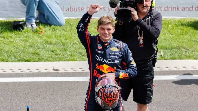 Red Bull driver Max Verstappen of the Netherlands waves after crossing the finish line to win the sprint race ahead of the Formula One Grand Prix at the Spa-Francorchamps racetrack in Spa, Belgium, Saturday, July 26, 2025. (Geert Vanden Wijngaert/AP)