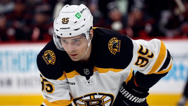 Boston Bruins' Vinni Lettieri (95) waits for a face-off against the Carolina Hurricanes during the first period of an NHL hockey game in Raleigh, N.C., Thursday, March 6, 2025. (Karl DeBlaker/AP)