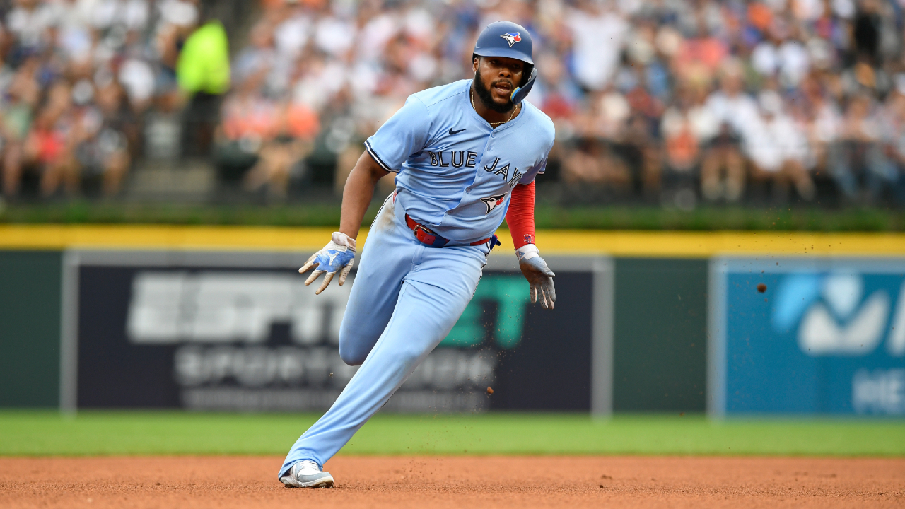 Toronto Blue Jays&rsquo; Vladimir Guerrero Jr. runs to third base after a double by Bo Bichette during the fourth inning of a baseball game against the Detroit Tigers, Saturday, July 26, 2025, in Detroit. (Jose Juarez/AP)