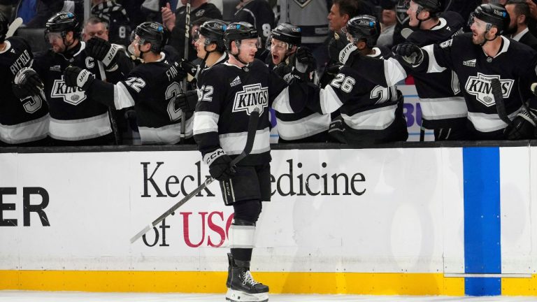 Los Angeles Kings forward Taylor Ward is congratulated by teammates after scoring during the third period of an NHL hockey game against the Calgary Flames, Thursday, April 17, 2025, in Los Angeles. (Mark J. Terrill/AP)