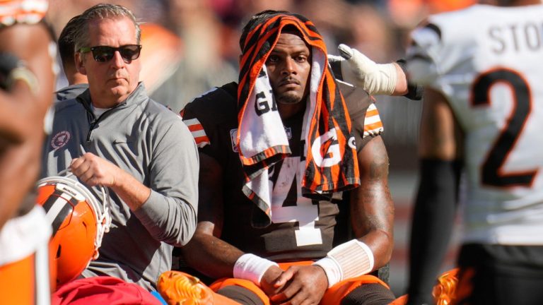 Cleveland Browns quarterback Deshaun Watson (4) is carted off the field after being injured in the first half of an NFL football game against the Cincinnati Bengals, Sunday, Oct. 20, 2024, in Cleveland. (Sue Ogrocki/AP)