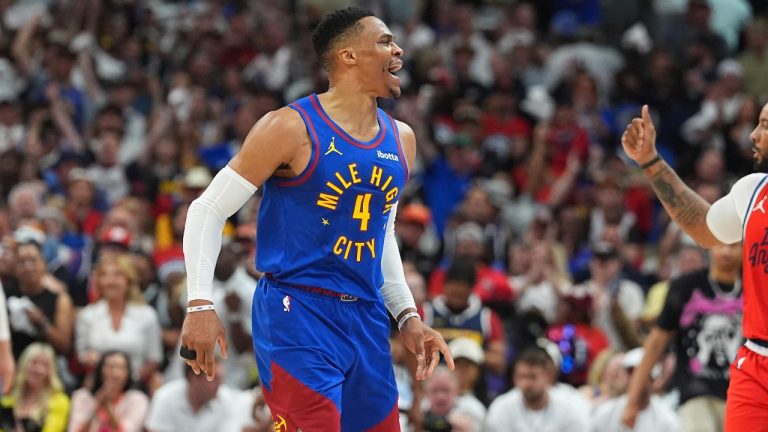 Denver Nuggets guard Russell Westbrook reacts after stealing the ball and then dunking it for a basket against the Los Angeles Clippers in the second half of Game 7 of an NBA basketball first-round playoff series Saturday, May 3, 2025, in Denver. (David Zalubowski/AP)