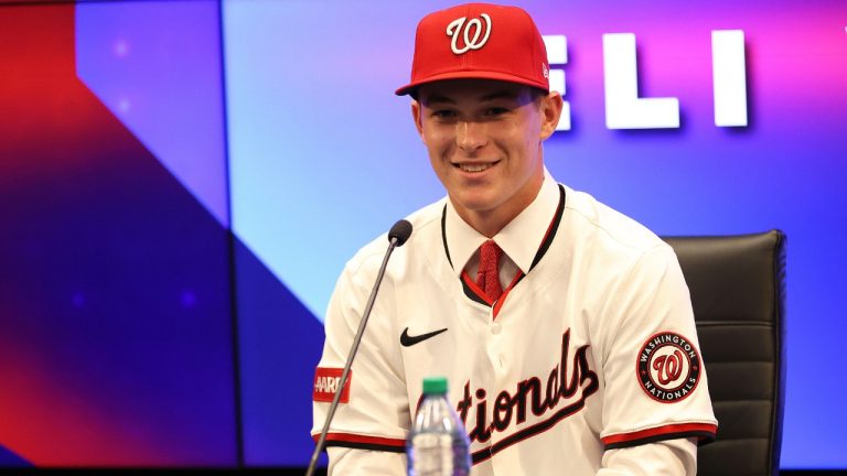 Washington Nationals first overall draft pick, shortstop Eli Willits speaks during a news conference, Saturday, July 19, 2025 in Washington. (Daniel Kucin Jr./AP)