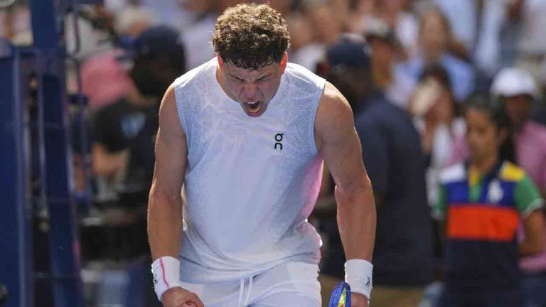 Ben Shelton, of the United States, reacts after defeating Ignacio Buse, of Peru, during the first round of the US Open tennis championships, Sunday, Aug. 24, 2025, in New York. (Kirsty Wigglesworth/AP)