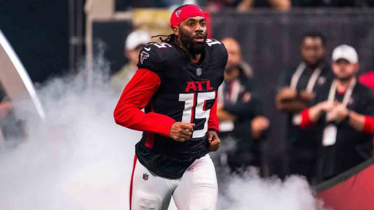 Atlanta Falcons linebacker Matthew Judon runs out for player introductions before the first half of an NFL football game against the Dallas Cowboys, Nov. 3, 2024, in Atlanta. (Danny Karnik/AP)