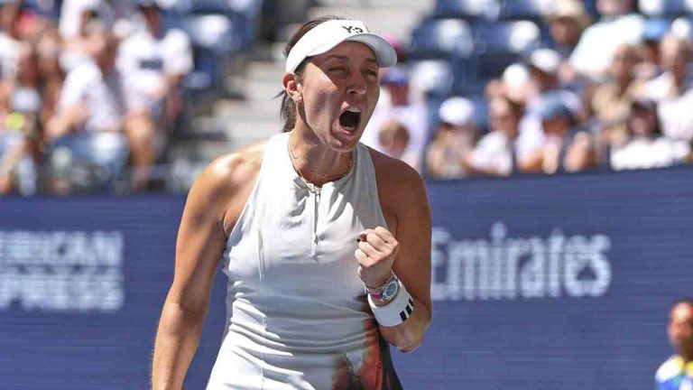 Jessica Pegula, of the United States, reacts after defeating Ann Li, of the United States, during the fourth round of the U.S. Open tennis championships, Sunday, Aug. 31, 2025, in New York. (Heather Khalifa/AP)