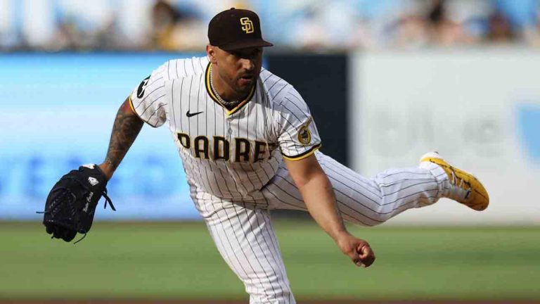 San Diego Padres' Nestor Cortes follows through on a pitch against the Los Angeles Dodgers in the first inning of a baseball game Saturday, Aug. 23, 2025, in San Diego. (Derrick Tuskan/AP)