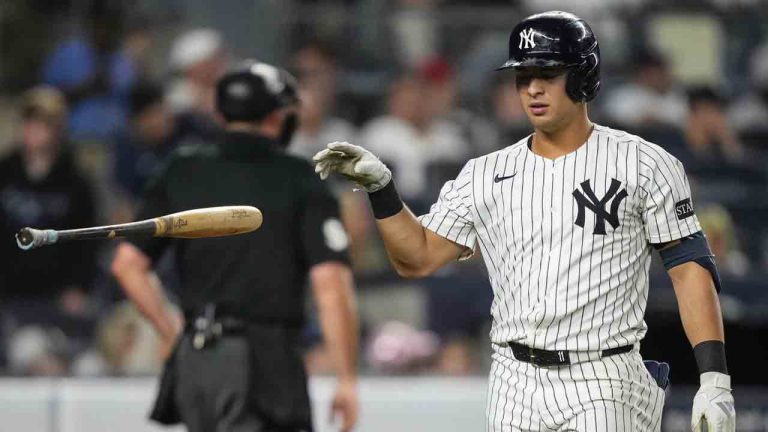 New York Yankees' Anthony Volpe (11) drops a bat after striking out during the fourth inning of a baseball game against the Minnesota Twins, Wednesday, Aug. 13, 2025, in New York. (Yuki Iwamura/AP)