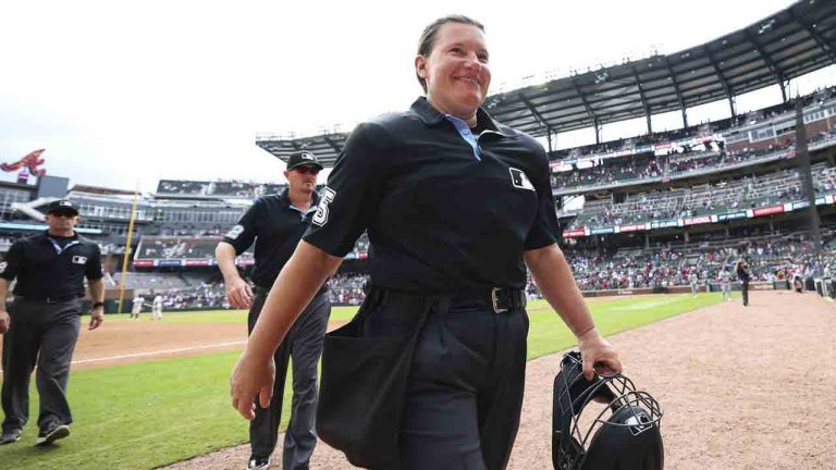 Home plate umpire Jen Pawol walks off the field after completing her first baseball game, between the Miami Marlins and the Atlanta Braves, Sunday, Aug. 10, 2025, in Atlanta. (Colin Hubbard/AP)
