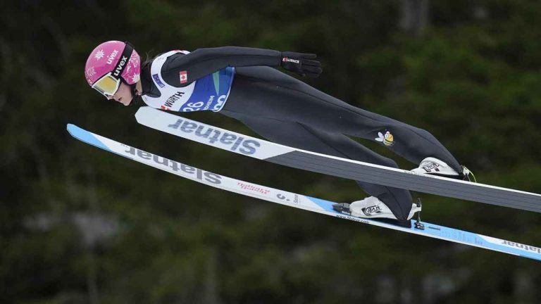 Abigail Strate of Canada competes at the Women Normal Hill HS102 Individual Ski Jumping event at the Nordic World Ski Championships. (Matthias Schrader/AP)