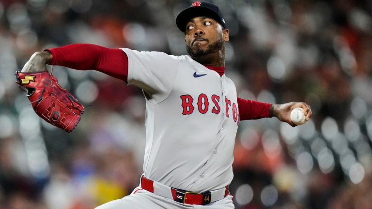 Boston Red Sox relief pitcher Aroldis Chapman delivers during the ninth inning of a baseball game against the Baltimore Orioles, Wednesday, Aug. 27, 2025, in Baltimore. (Stephanie Scarbrough/AP)