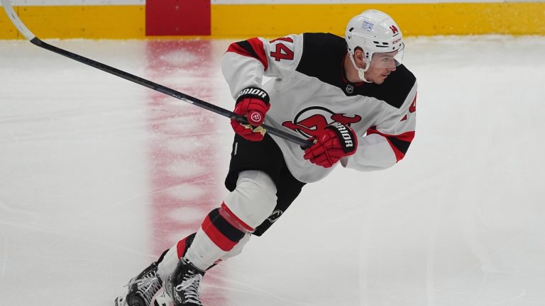 New Jersey Devils right wing Nathan Bastian in the first period of an NHL game Wednesday, Feb. 26, 2025, in Denver. (AP /David Zalubowski)