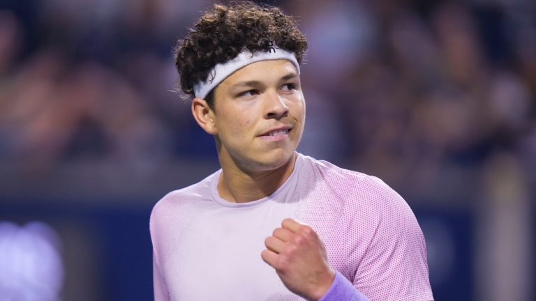 Ben Shelton of the USA celebrates a point during his 6-4 6-3 win over Taylor Fritz of the USA during semifinal tennis action at the National Bank Open in Toronto on Wednesday, August 6, 2025. (Chris Young/CP)