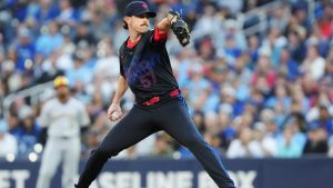 Toronto Blue Jays pitcher Shane Bieber (57) works against the Milwaukee Brewers during first inning MLB baseball action in Toronto on Friday, August 29, 2025. (Chris Young/CP)