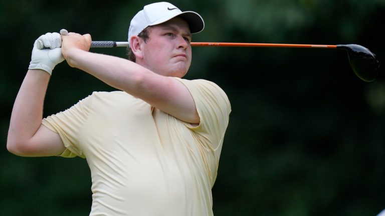 Robert MacIntyre, of Scotland, hits from the fifth tee during the third round of the BMW Championship golf tournament Saturday, Aug. 16, 2025, in Owings Mills, Md. (Stephanie Scarbrough/AP)