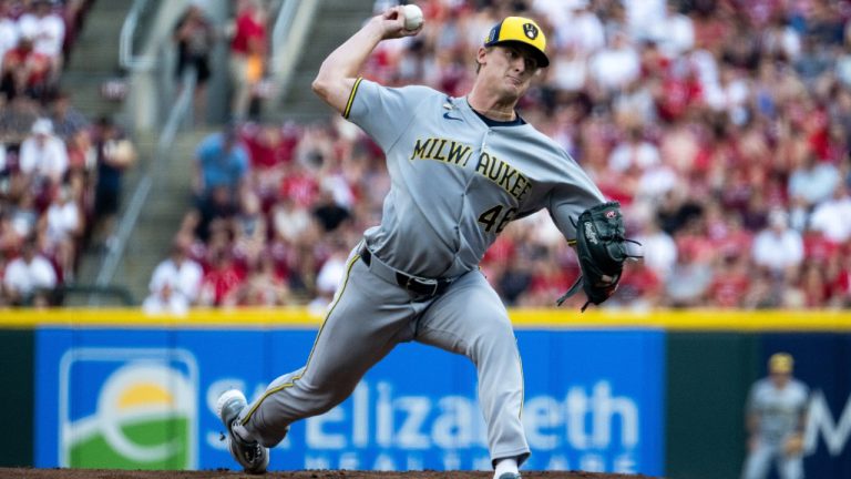 Milwaukee Brewers pitcher Quinn Priester delivers a pitch in the first inning of a baseball game against the Cincinnati Reds, Saturday, Aug. 16, 2025, in Cincinnati. (Michael Swensen/AP)