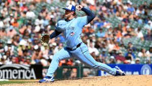 Toronto Blue Jays relief pitcher Justin Bruihl throws in the eighth inning of a baseball game against the Detroit Tigers, Sunday, July 27, 2025, in Detroit. (Jose Juarez/AP)