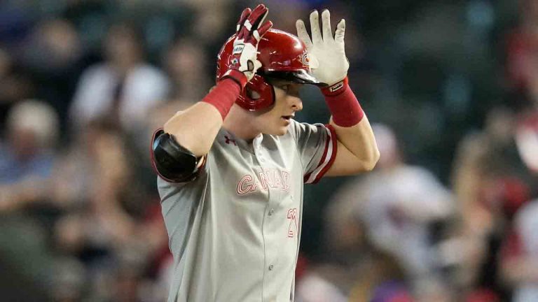Canada's Owen Caissie celebrates after hitting an RBI single against Colombia during the eighth inning of a World Baseball Classic game in Phoenix, Tuesday, March 14, 2023. (Godofredo A. Vásquez/AP)