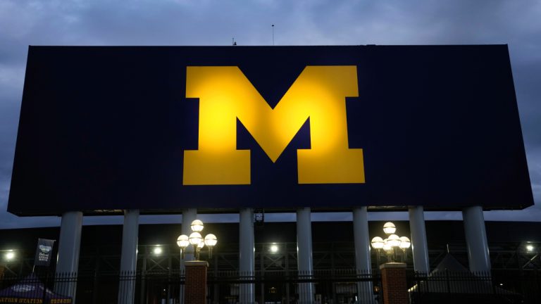 The block M logo for the University of Michigan is displayed at the school's NCAA college football stadium in Ann Arbor, Mich., Friday, Nov. 10, 2023. (Paul Sancya/AP)