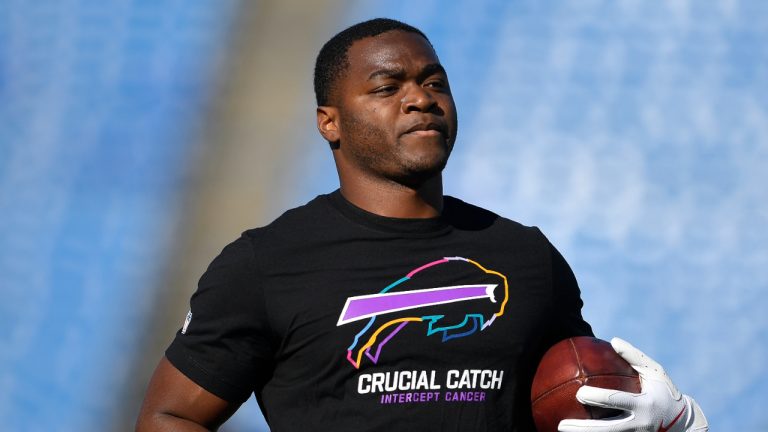 Buffalo Bills wide receiver Amari Cooper warms up before an NFL game against the Tennessee Titans, Sunday, Oct. 20, 2024. (Adrian Kraus/AP)