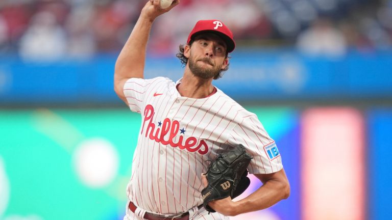 Philadelphia Phillies' Aaron Nola plays during the second game of a doubleheader Wednesday, May 14, 2025, in Philadelphia. (Matt Slocum/AP)