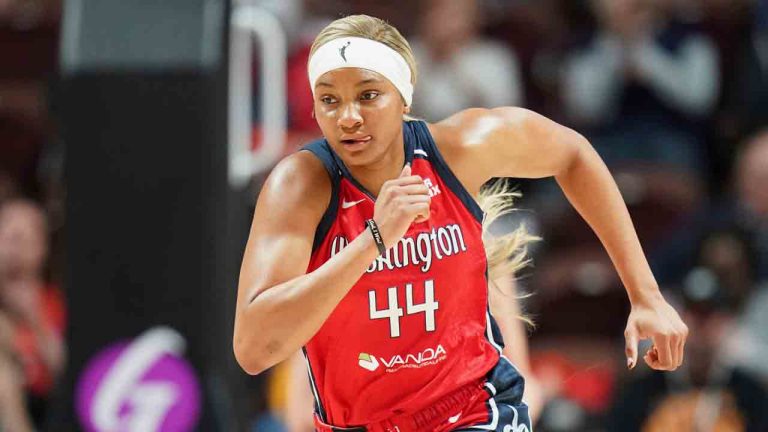 Washington Mystics forward Kiki Iriafen (44) during a WNBA basketball game against the Connecticut Sun in Uncasville, Conn., Sunday, May 18, 2025. (Vera Nieuwenhuis/AP)