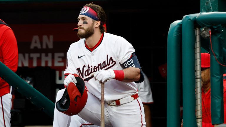 Washington Nationals' Dylan Crews looks on from the dugout during the first inning of a game against the Atlanta Braves in Washington, Tuesday, May 20, 2025. (Terrance Williams/AP)