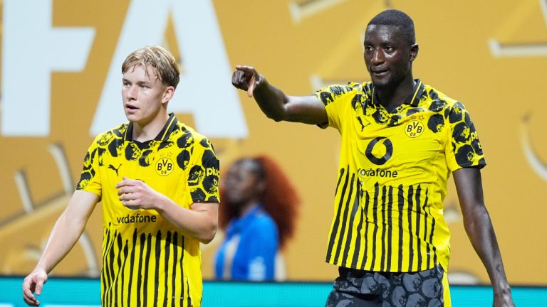 Borussia Dortmund's Serhou Guirassy reacts after scoring his team's second goal during the Club World Cup round of 16 soccer match between Borussia Dortmund and CF Monterrey in Atlanta, Tuesday, July 1, 2025. (Mike Stewart/AP)