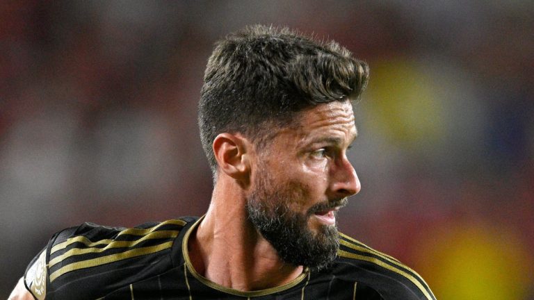 FILE - Los Angeles FC's Olivier Giroud (9) follows a play during the Club World Cup Group D soccer match against Flamengo, Wednesday, June 25, 2025 in Orlando, Fla. (AP Photo/Phelan M. Ebenhack, file)