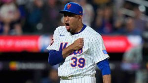 New York Mets pitcher Edwin Díaz celebrates after a game against the Milwaukee Brewers Thursday, July 3, 2025, in New York. (Frank Franklin II/AP)