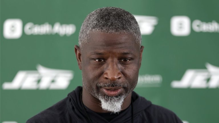 New York Jets head coach Aaron Glenn speaks to the media after an NFL football training camp, Wednesday, July 23, 2025, in Florham Park, N.J. (AP Photo/Adam Hunger)