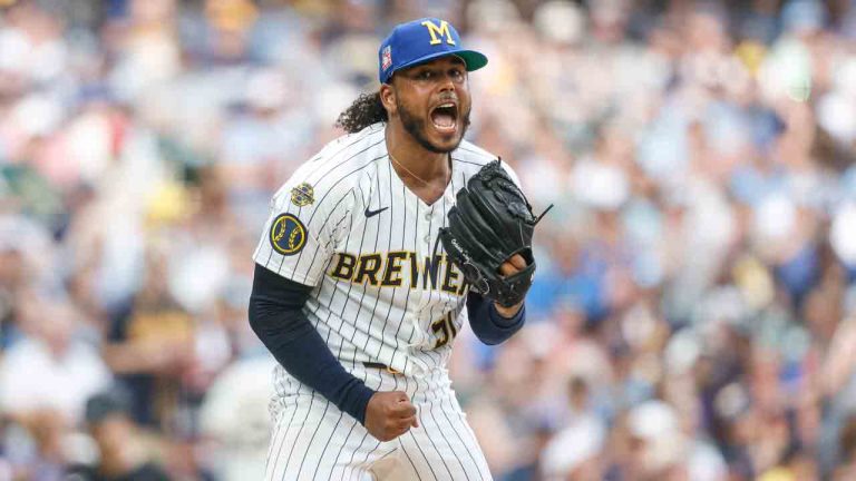 Milwaukee Brewers starting pitcher Freddy Peralta reacts after the fifth inning of a baseball game against the Miami Marlins, Friday, July 25, 2025, in Milwaukee. (Jeffrey Phelps/AP)