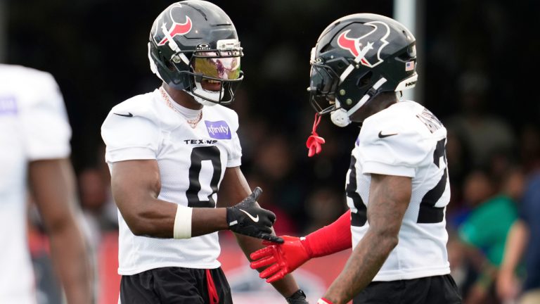Houston Texans safety C.J. Gardner-Johnson works out during Back Together Weekend at the team's NFL football training camp Saturday, July 26, 2025, in Houston. (Ashley Landis/AP)