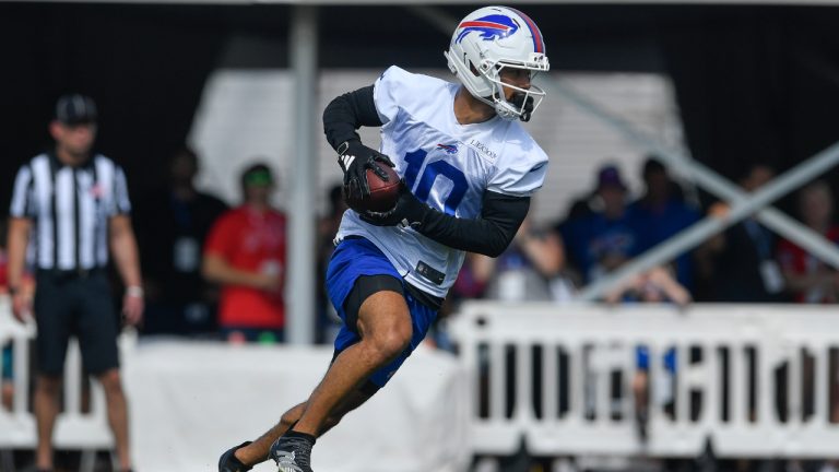 Buffalo Bills wide receiver Khalil Shakir runs with the ball during practice at the team's NFL training camp, Sunday, July 27, 2025, in Pittsford, N.Y. (Adrian Kraus/AP)