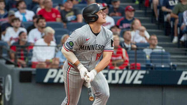Twins Guardians Baseball
Minnesota Twins' Alan Roden watches his flyout during the fourth inning of a baseball game against the Cleveland Guardians, Friday, Aug. 1, 2025, in Cleveland. (Phil Long/AP)