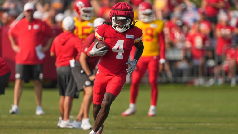 Kansas City Chiefs wide receiver Rashee Rice runs the ball at NFL training camp Saturday, Aug. 2, 2025, in St. Joseph, Mo. (Charlie Riedel/AP)