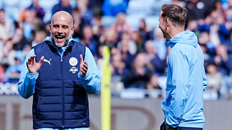 Manchester City manager Pep Guardiola and assistant coach Pep Lijnders during a training session at the City Football Academy, Manchester, England, Tuesday, Aug. 5, 2025. (Peter Byrne/PA via AP)
