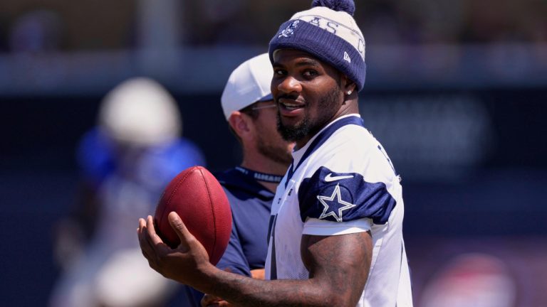 Dallas Cowboys defensive end Micah Parsons stands on the field during a training camp scrimmage against the Los Angeles Rams, Tuesday, Aug. 5, 2025, in Oxnard, Calif. (Mark J. Terrill/AP)