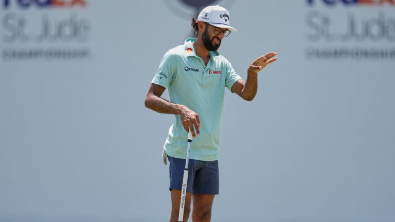 Akshay Bhatia lines up a putt on the 18th green during a practice round at the St. Jude Championship golf tournament Wednesday, Aug. 6, 2025, in Memphis, Tenn. (George Walker IV/AP)