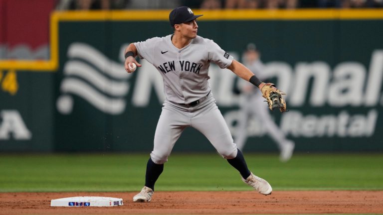 New York Yankees shortstop Anthony Volpe throws to first during a game against the New York Yankees Wednesday, Aug. 6, 2025, in Arlington, Texas. (Tony Gutierrez/AP)