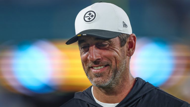 Pittsburgh Steelers quarterback Aaron Rodgers leaves the field after an NFL pre-season football game against the Jacksonville Jaguars, Saturday, Aug. 9, 2025. (Gary McCullough/AP)