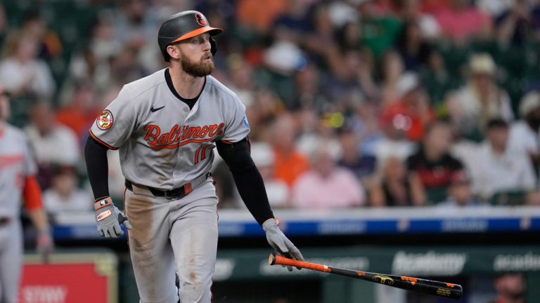 Baltimore Orioles' Jordan Westburg watches his three-run home run against the Houston Astros during the fifth inning of a game Sunday, Aug. 17, 2025, in Houston. (David J. Phillip/AP)