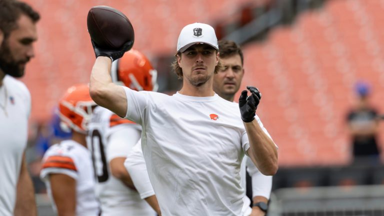 Cleveland Browns quarterback Kenny Pickett throws a pass before a pre-season NFL football game, Saturday, Aug. 23, 2025, in Cleveland. (Matt Durisko/AP)