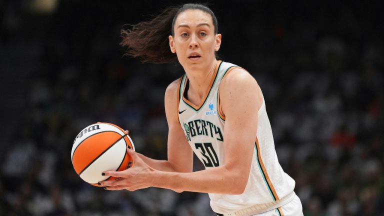 New York Liberty forward Breanna Stewart holds the ball during a WNBA game against the Seattle Storm, June 22, 2025, in Seattle. (Lindsey Wasson/AP