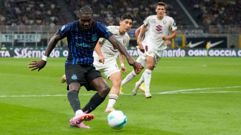 Inter Milan's Marcus Thuram scores his side's second goal during a Serie A match between Inter Milan and Torino, at the San Siro stadium in Milan, Italy, Monday, Aug. 25, 2025. (Luca Bruno/AP)