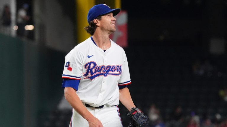 Texas Rangers starting pitcher Jacob deGrom reacts after the third out against the Los Angeles Angels during the fourth inning of a game, Monday, Aug. 25, 2025, in Arlington, Texas. (LM Otero/AP)